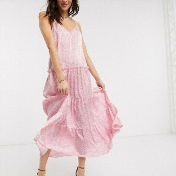 TopShop Pink Ditsy Floral Maxi Long Length Dress Girly V-Neck Straps Fun Size 8 - Picture 1 of 9